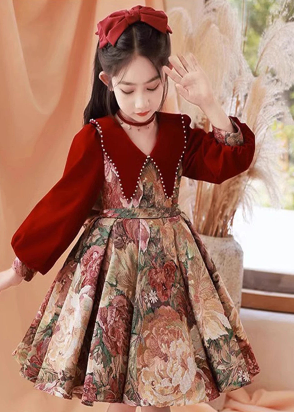 Vintage Collar Pan Dress Peter Red Print Kids Maxi Spring