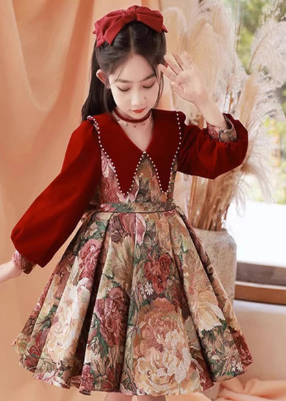 Vintage Collar Pan Dress Peter Red Print Kids Maxi Spring