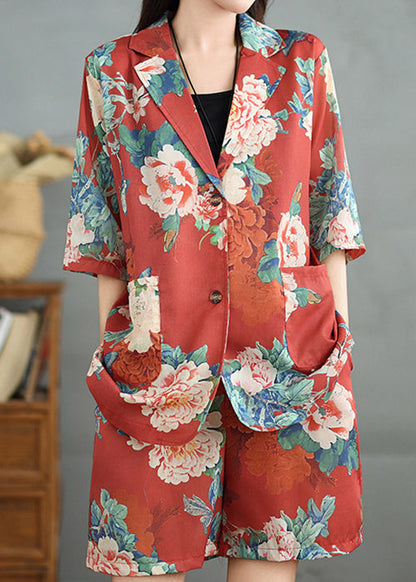 Sleeve Print Half Pockets Pieces Set Red Cotton Two Vintage