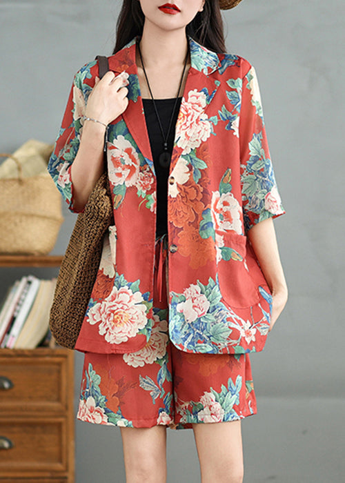 Sleeve Print Half Pockets Pieces Set Red Cotton Two Vintage