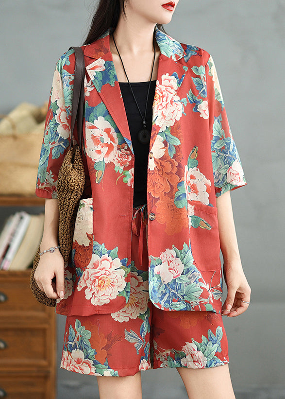 Red Print Two Cotton Half Vintage Pieces Sleeve Pockets Set