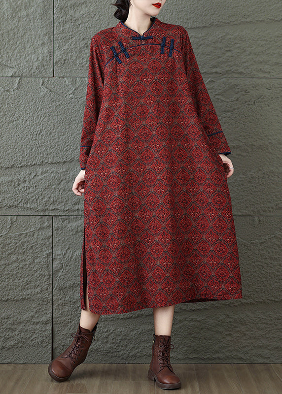 Vintage Red Stand Collar Print Oriental Button Cotton Dress Fall RU039