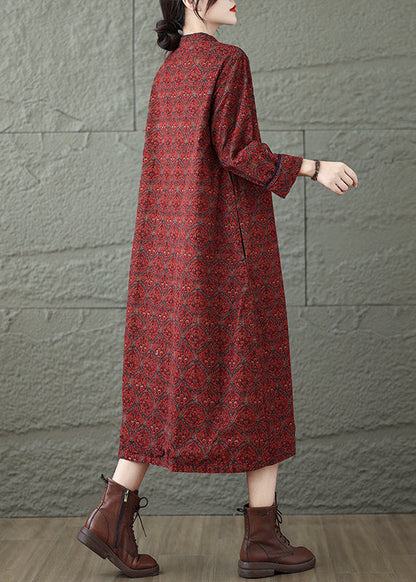 Vintage Red Stand Collar Print Oriental Button Cotton Dress Fall RU039