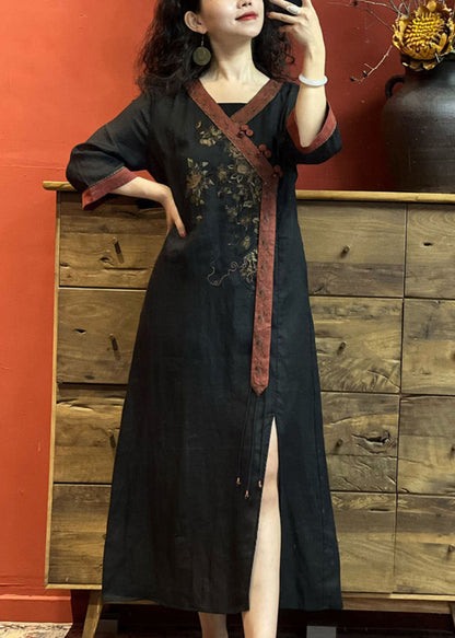 Robe vintage en lin rouge à col en V et à ouverture latérale brodée pour l'été EE1024