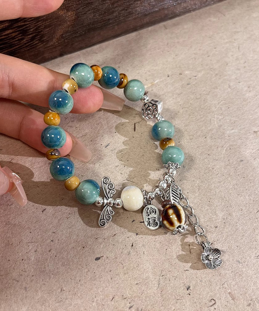 Bracelet Sterling Silk Beads Vintage Charm Ceramics Silver Jade