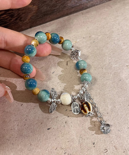 Bracelet Sterling Silk Beads Vintage Charm Ceramics Silver Jade