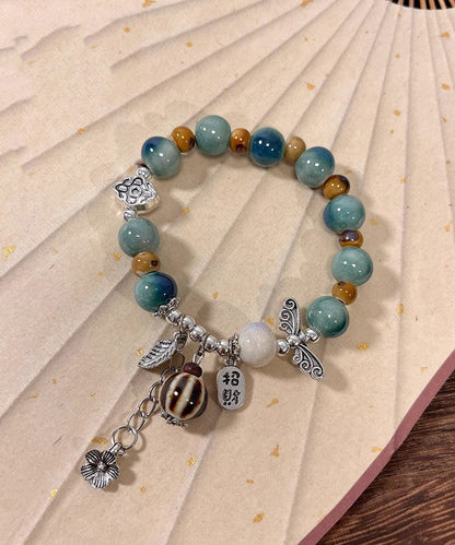Bracelet Sterling Silk Beads Vintage Charm Ceramics Silver Jade
