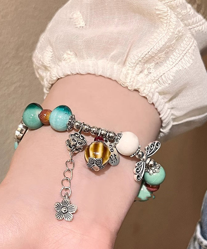 Bracelet Sterling Silk Beads Vintage Charm Ceramics Silver Jade