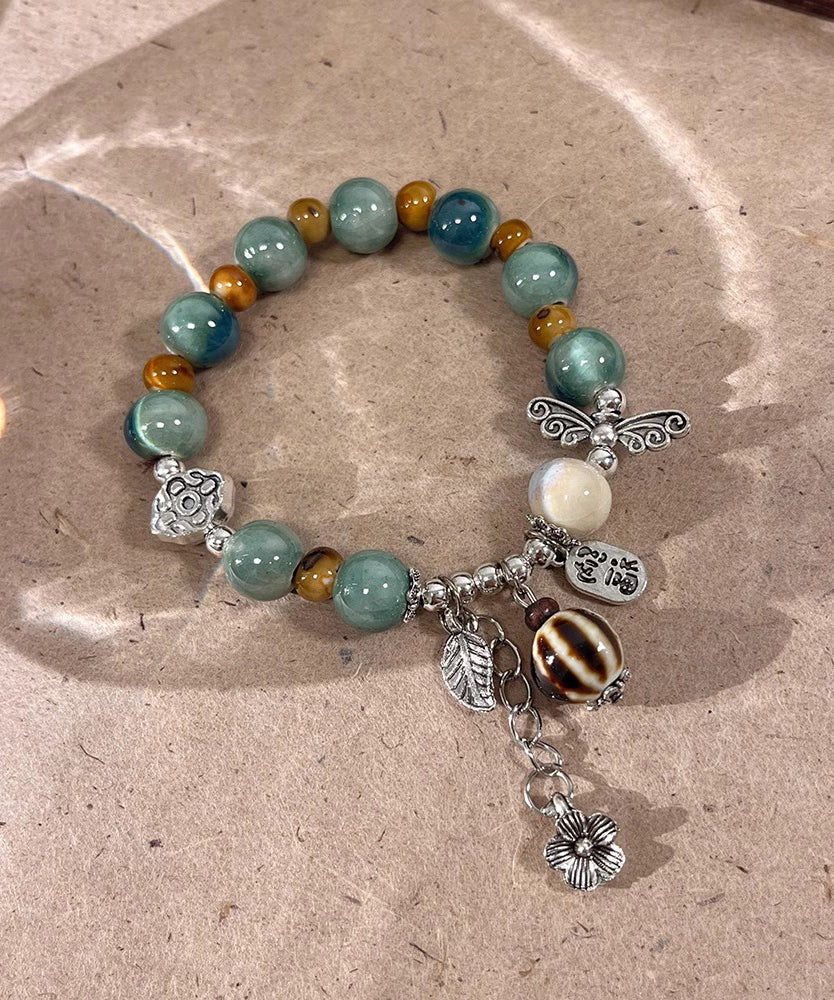 Bracelet Sterling Silk Beads Vintage Charm Ceramics Silver Jade