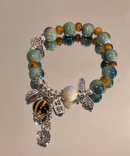 Bracelet Sterling Silk Beads Vintage Charm Ceramics Silver Jade