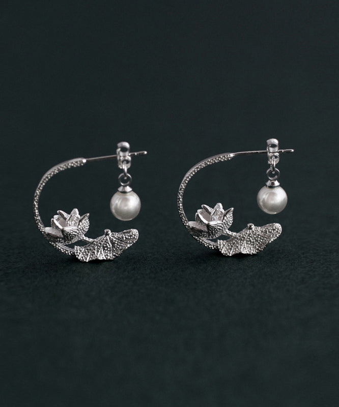 Vintage Silk Sterling Silver Pearl Lotus Hoop Earrings QQ018