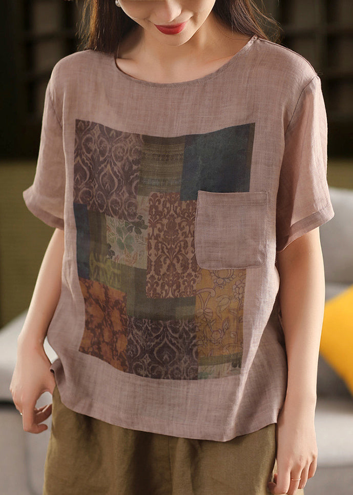 Skin Summe Pockets O Linen T Vintage Shirts Print Neck Pink