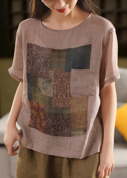 Skin Summe Pockets O Linen T Vintage Shirts Print Neck Pink