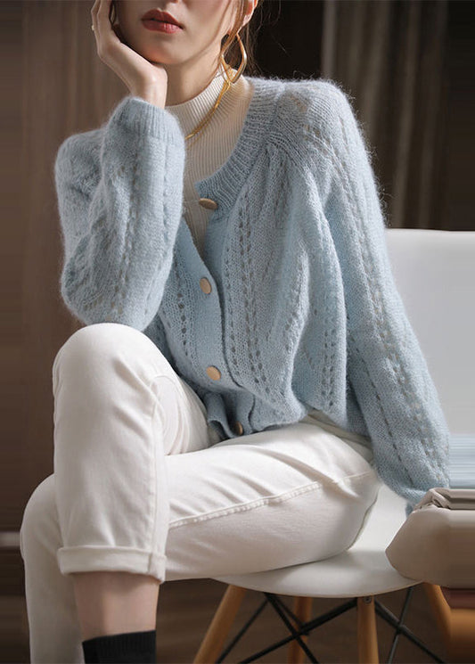 Vintage Himmelblaue übergroße grob gestrickte Strickjacke Frühling OO014
