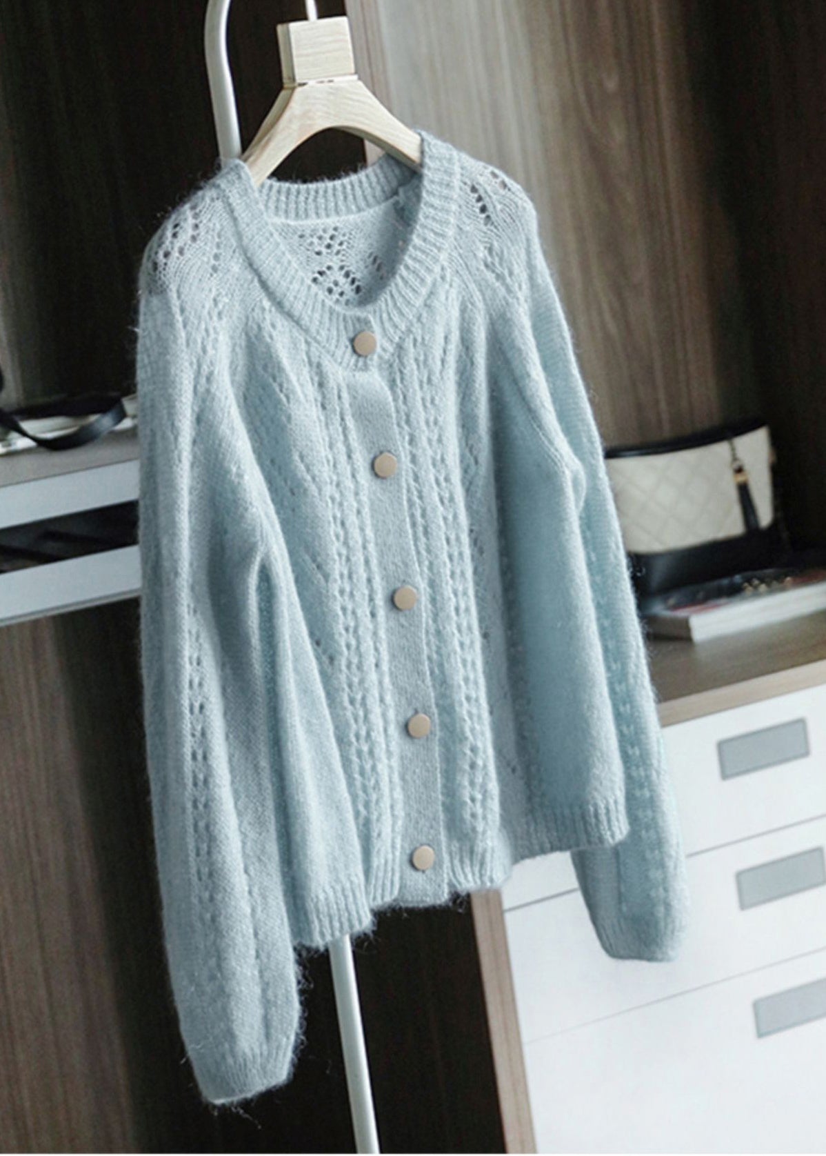 Vintage Sky Blue Oversized Chunky Knit Cardigan Spring OO014