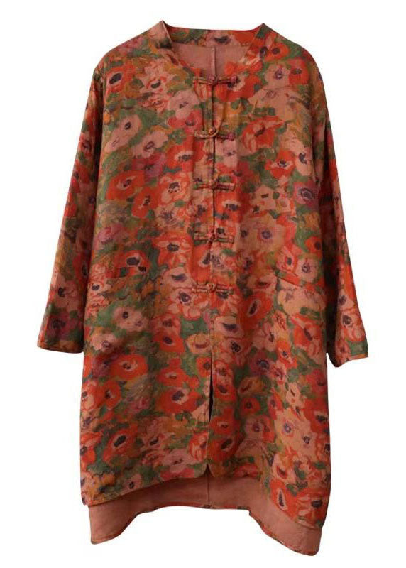 Vintage Stand Collar Chinese Button Print Linen Shirts Coat Long Sleeve AP087