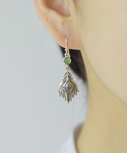 Vintage Sterling Silver Jade Feather Drop Earrings PO073