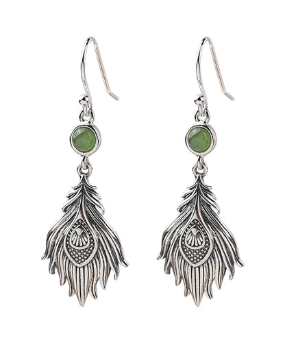 Vintage Sterling Silver Jade Feather Drop Earrings PO073