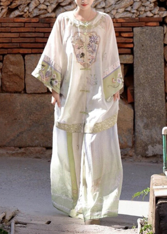 Vintage White Embroidered Patchwork Shirts Wide Leg Pants And Two Pieces Set Spring UU1052