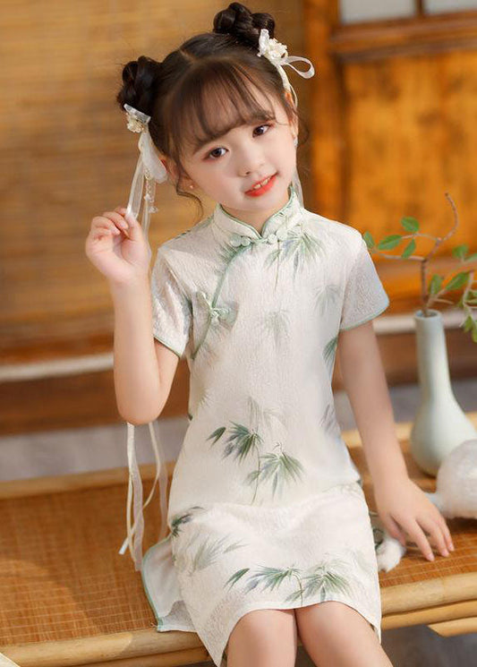 Long Side Girls Print Short Dress Open Vintage Sleeve White