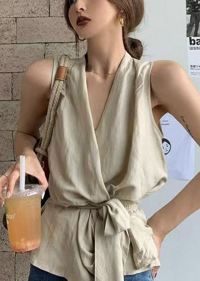 Waist Vintage Sleeveless White Linen Tie Vests