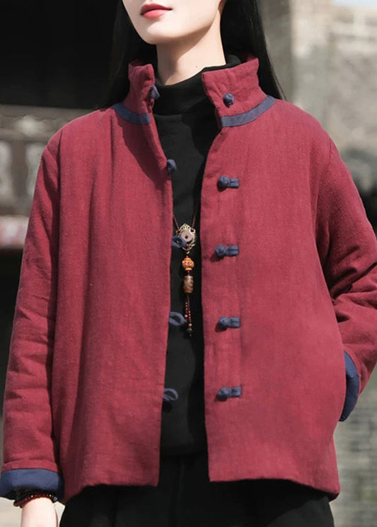 Parka vintage rouge vin avec col montant et boutons en coton rembourré pour l'hiver QO001
