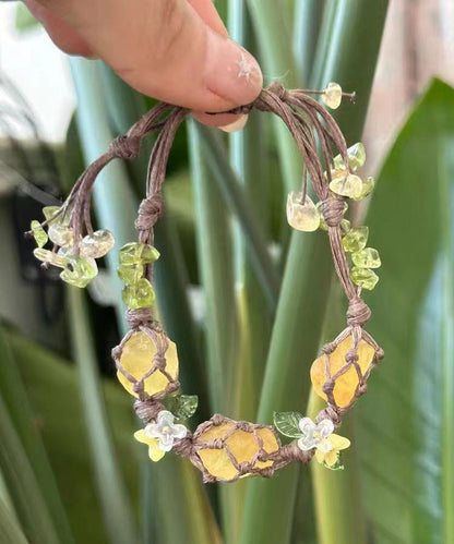 Vintage Yellow Handmade Weaving Crystal Floral Tassel Charm Bracelet QD014