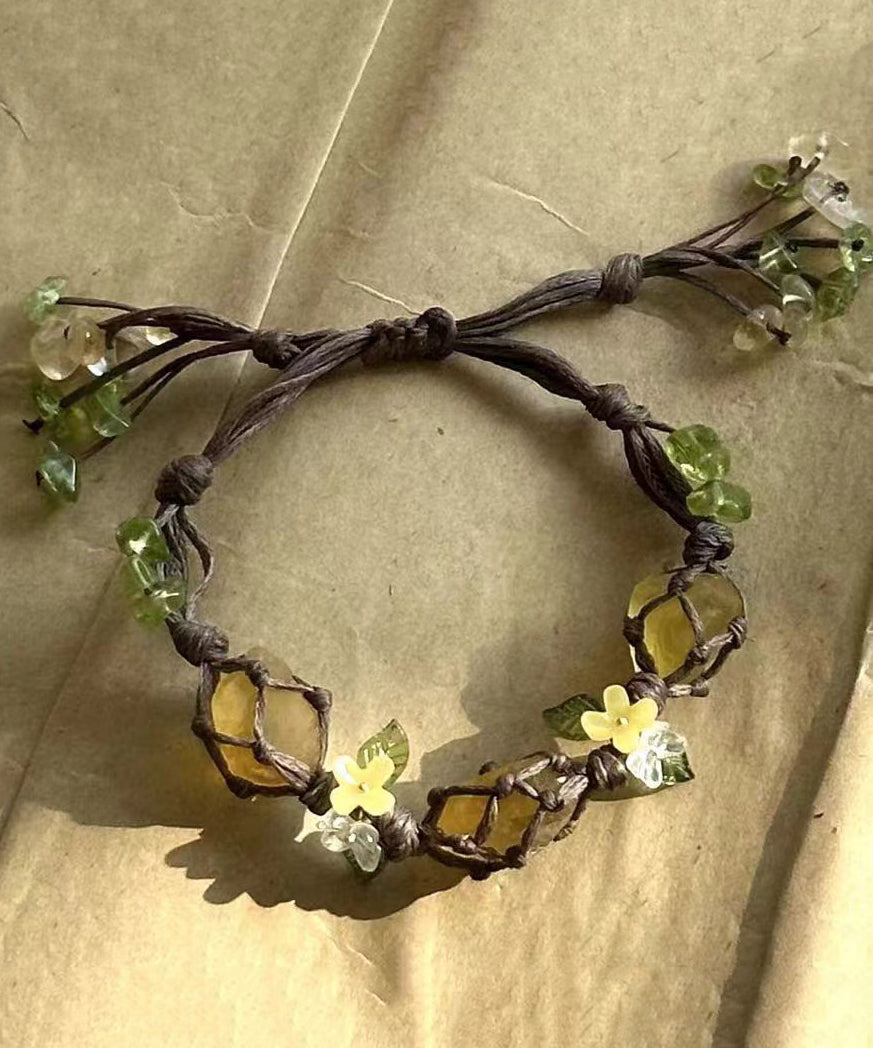 Vintage Yellow Handmade Weaving Crystal Floral Tassel Charm Bracelet QD014