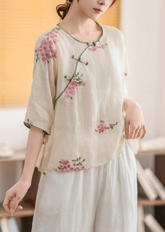 O Oriental Neck Linen Button Shirt Summer Vintage Yellow