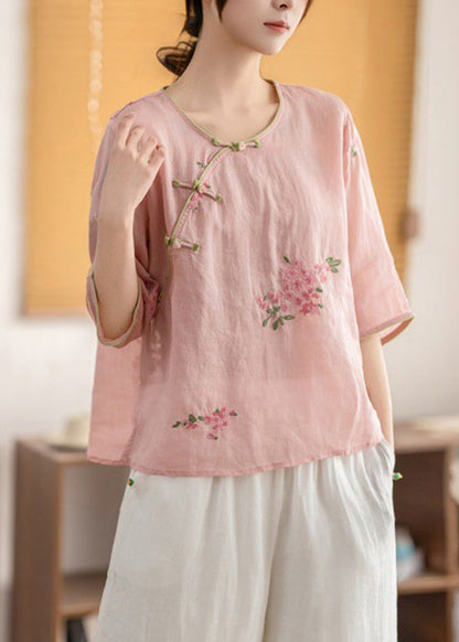 O Oriental Neck Linen Button Shirt Summer Vintage Yellow