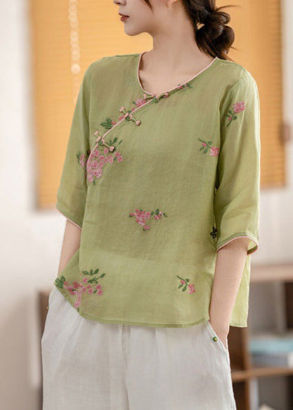 O Oriental Neck Linen Button Shirt Summer Vintage Yellow