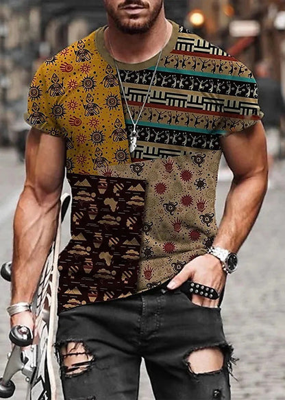 Cotton Patchwork Yellow Summer Mens Vintage Print T Shirts