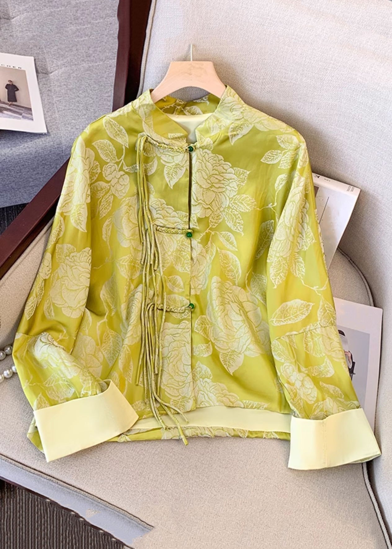 Vintage Yellow Tasseled Button Print Silk Coat Fall QO023