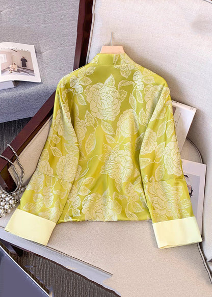Vintage Yellow Tasseled Button Print Silk Coat Fall QO023