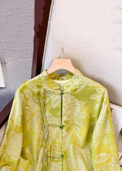 Vintage Yellow Tasseled Button Print Silk Coat Fall QO023