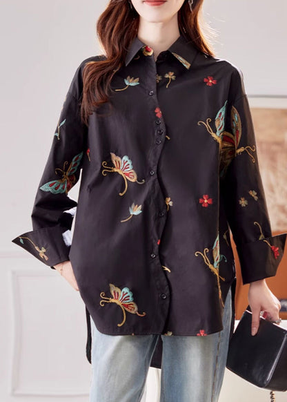 Flare Pan Sleeve Peter Cotton Shirts Print Collar Black Vogue