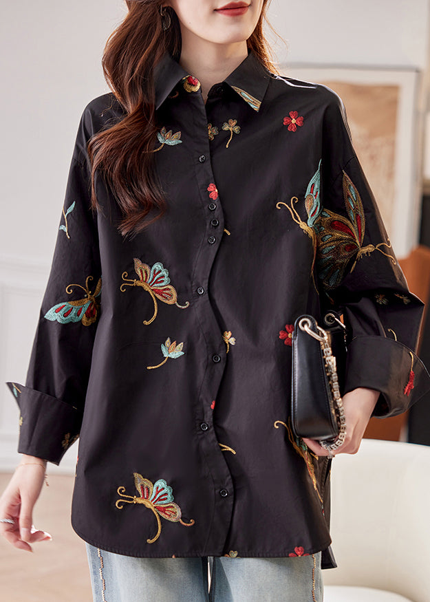 Flare Pan Sleeve Peter Cotton Shirts Print Collar Black Vogue