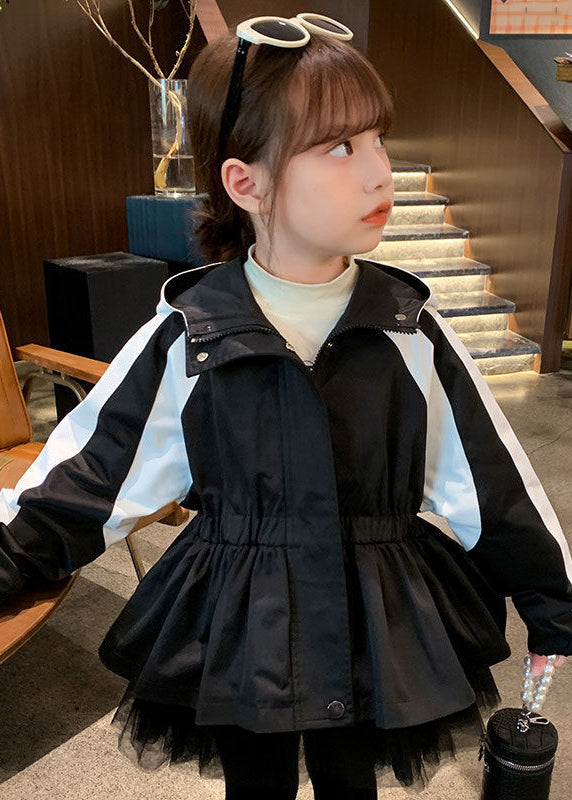 Vogue Black Tulle Wrinkled Patchwork Girls Hoodie Coat Fall QV029