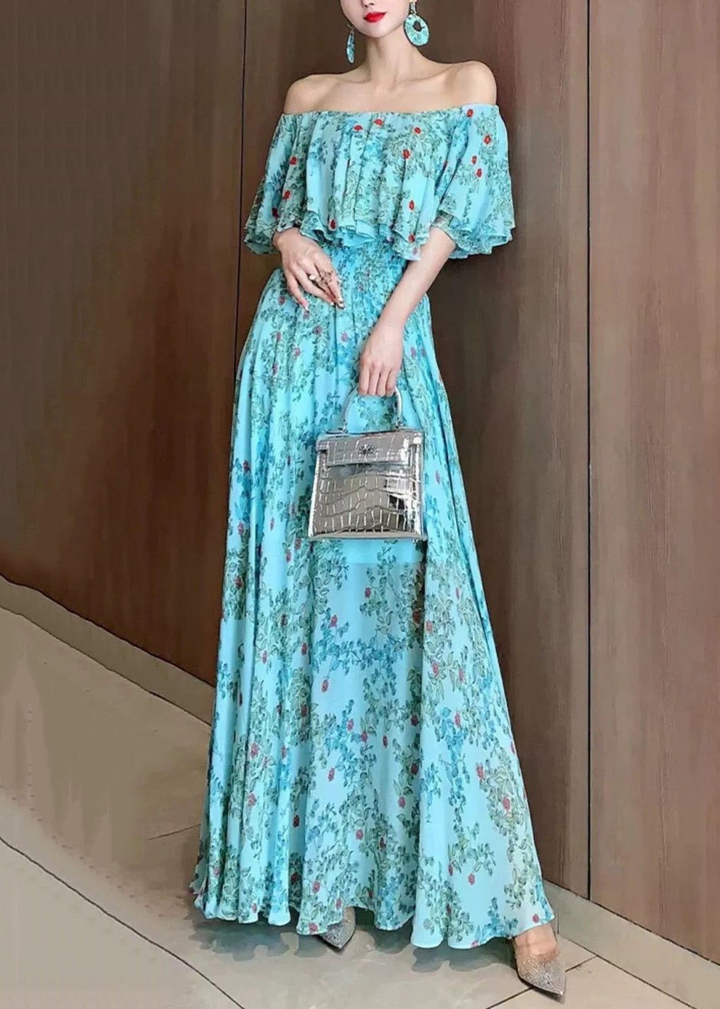 Chiffon Neck Vogue Dresses Slash Blue Summer Vacation