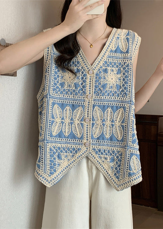 Waistcoat Blue Vest Sleeveless Patchwork Lace Vogue Neck V