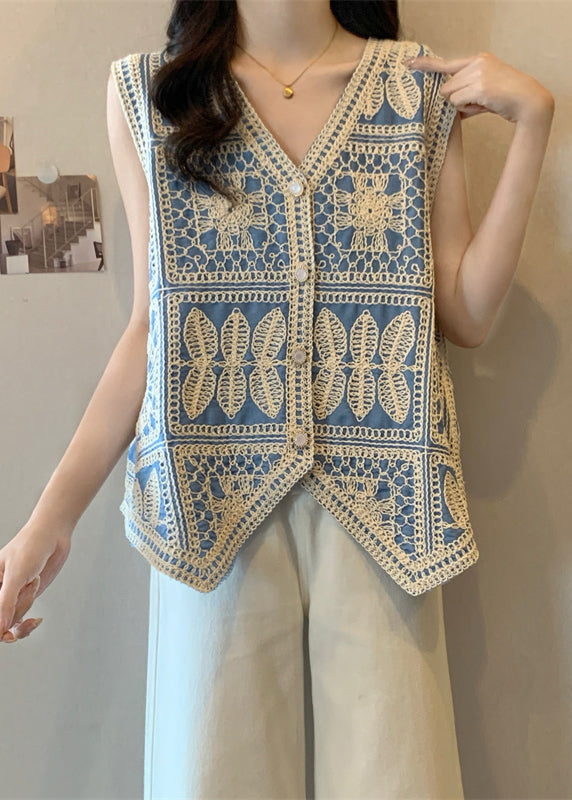 Waistcoat Blue Vest Sleeveless Patchwork Lace Vogue Neck V