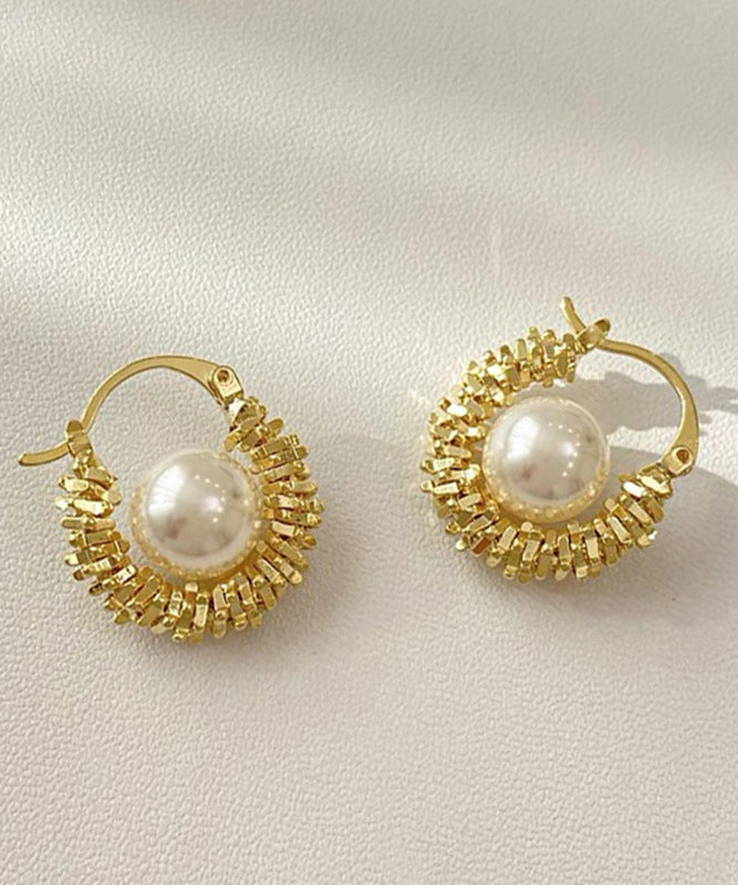 Vogue Gold Copper Alloy Asymmetrical Pearl Hoop Earrings WH049