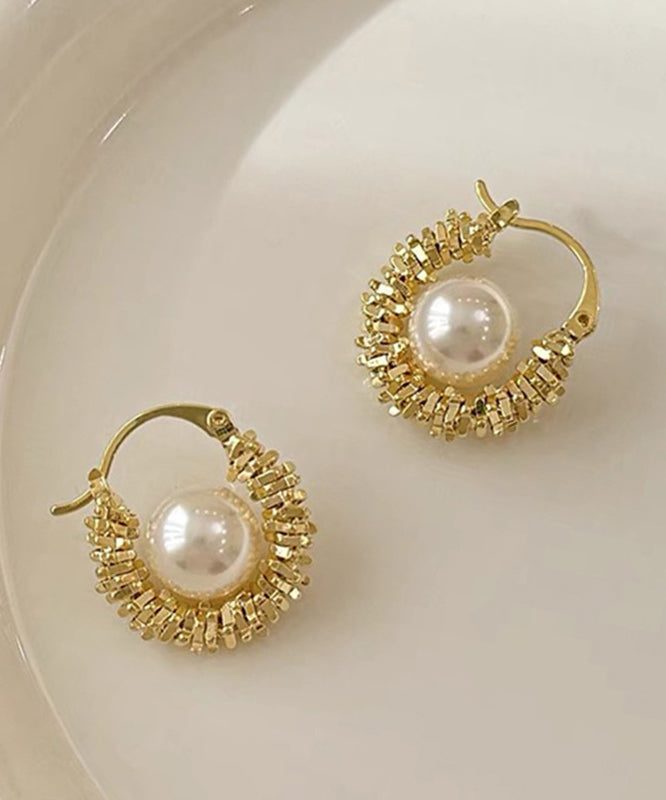 Vogue Gold Copper Alloy Asymmetrical Pearl Hoop Earrings WH049