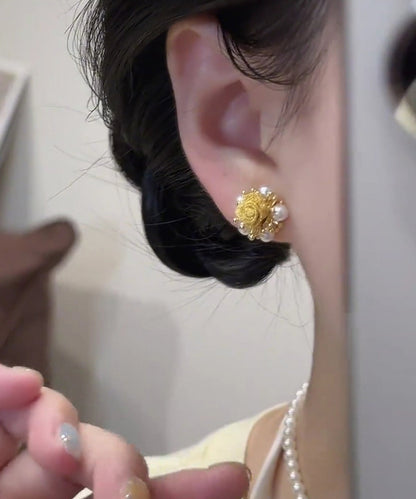 Gold Copper Graphic Stud Alloy Earrings Pearl Vogue