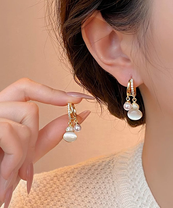 Stone Zircon Vogue Cat Drop Gourd Eye Gold Pearl Copper Alloy