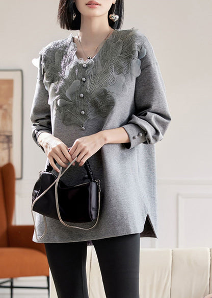 Vogue Grey V Neck Lace Patchwork Sweatshirts Spring TE035