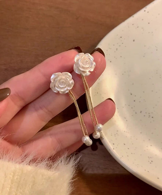 Vogue Flower Earrings White Drop Camellia Pearl Copper Tassel