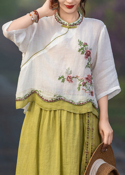 Patchwork Linen Button Summer White Blouses Embroidered
