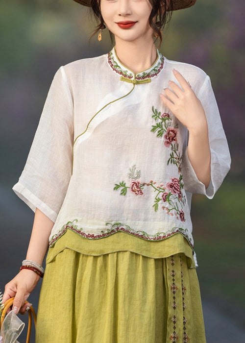 Patchwork Linen Button Summer White Blouses Embroidered