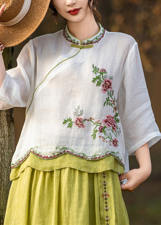 Patchwork Linen Button Summer White Blouses Embroidered